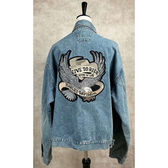 Harley Davidson Mens Denim Jacket Live to Ride Eagle Patch Blue XL - Picture 4 of 6